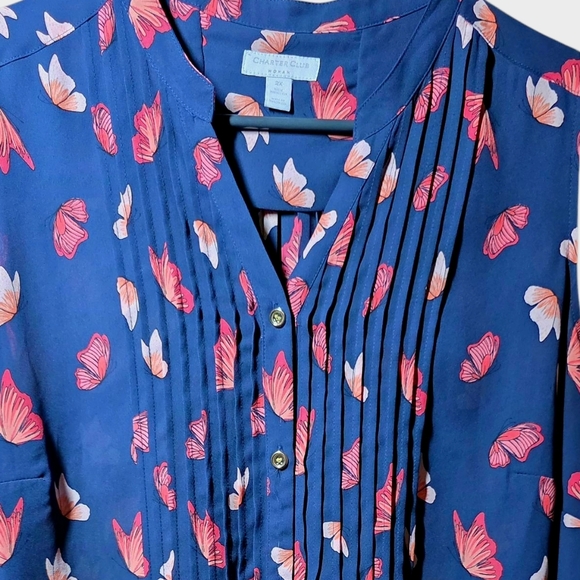 Charter Club Dark Blue Blouse with Pink Floral Pattern 2X - Picture 5 of 5